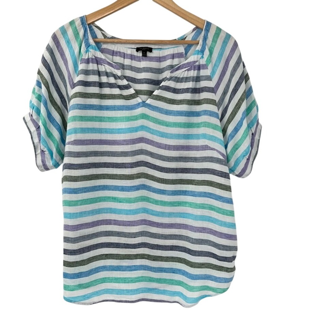 Talbots Petite LP 100% Linen‎ Striped V-Neck Short Sleeve Top Multicolor BD2706